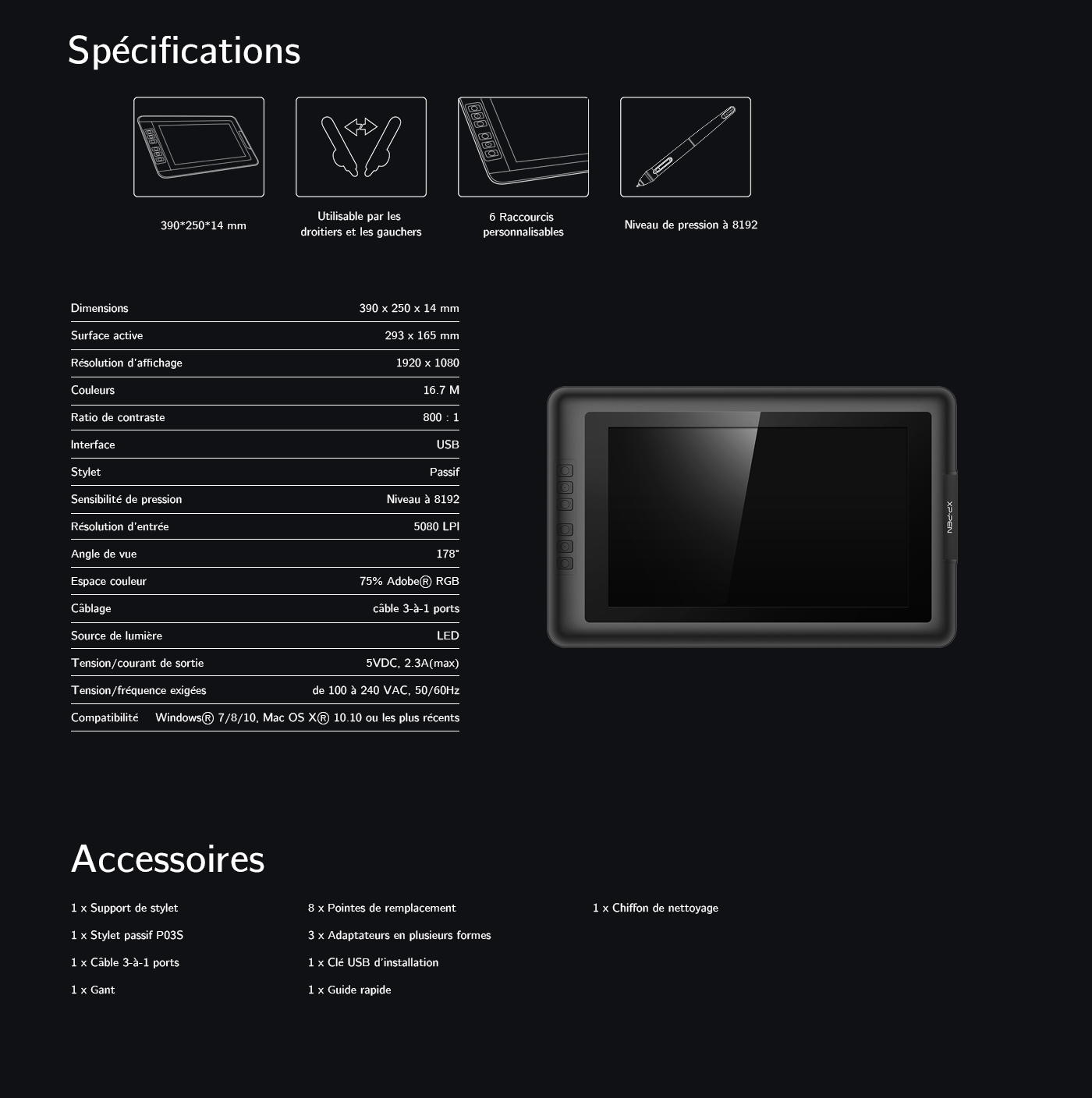 Spécification et Articles du tablette graphique avec écran XP-Pen Artist 13.3 V2