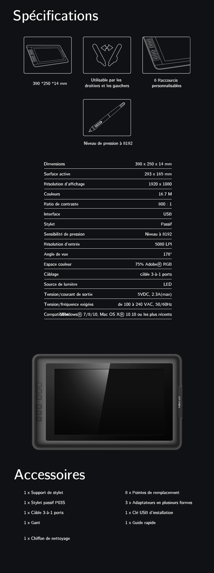 Spécification et Articles du tablette graphique avec écran XP-Pen Artist 13.3 V2