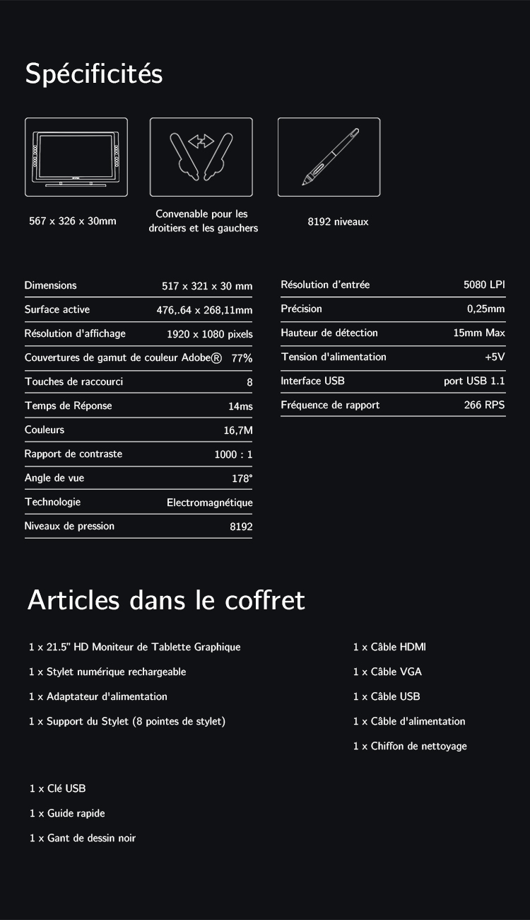 Spécification et Articles du tablette graphique avec écran XP-Pen Artist 22E Pro