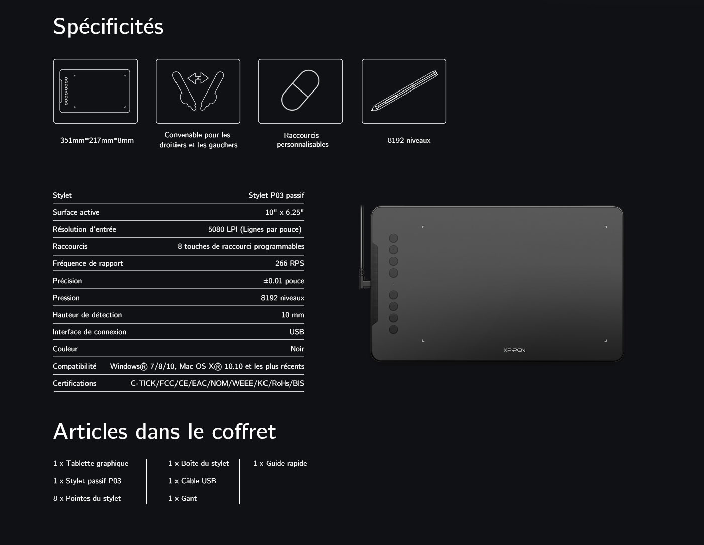 Spécification et Accessoires du tablette graphique débutant XP-Pen Deco 01