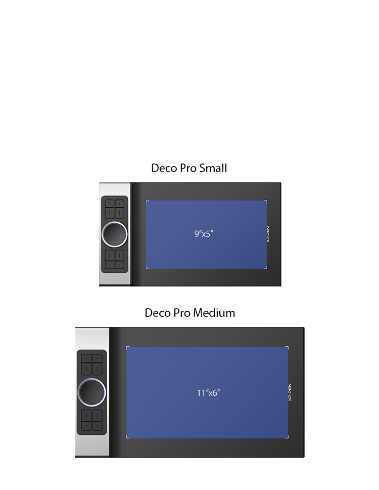 La série XP-Pen Deco Pro dispose d'une zone de travail de 9 x 5 pouces ( small ) et 11 x 6 pouces ( medium )