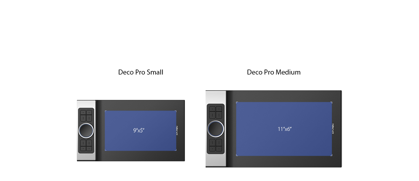 La série XP-Pen Deco Pro dispose d'une zone de travail de 9 x 5 pouces ( small ) et 11 x 6 pouces ( medium )