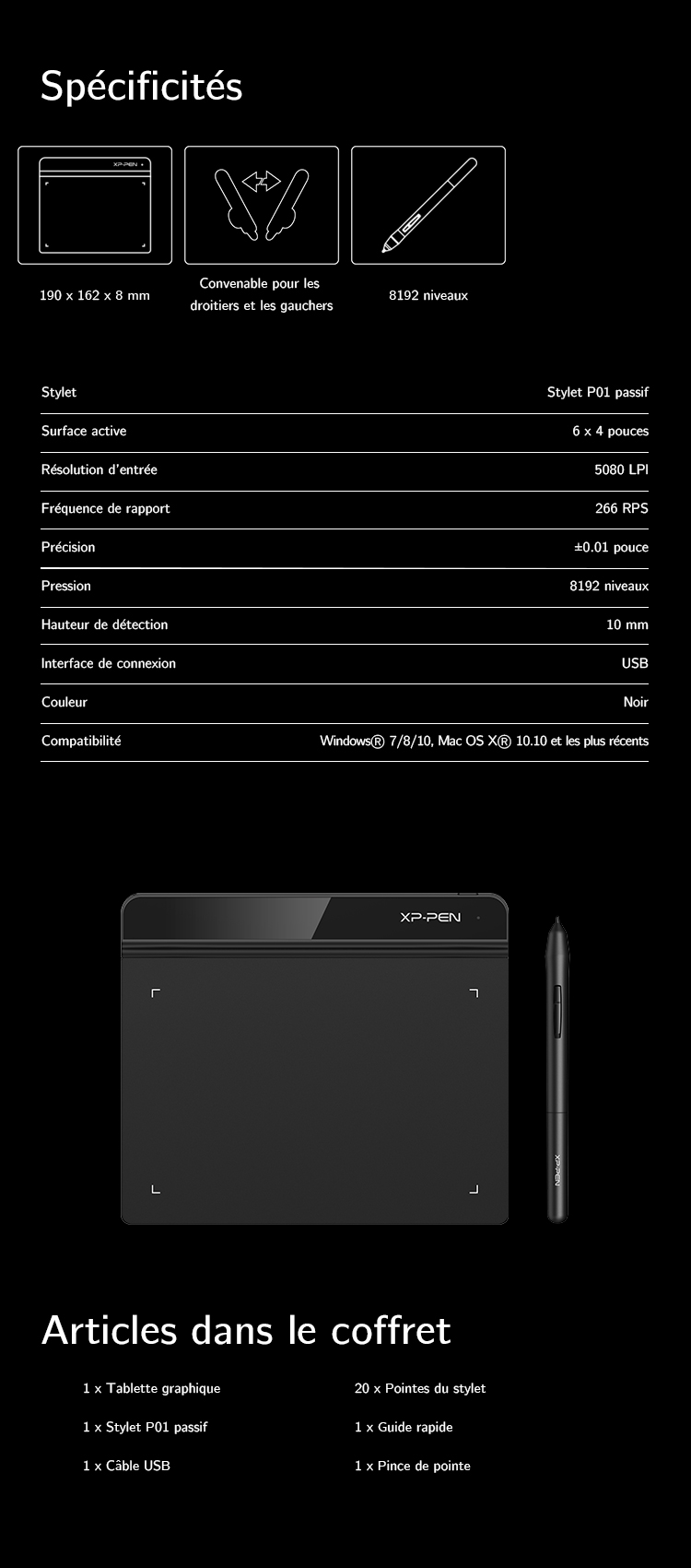 Spécification et Articles du tablette graphique portable XP-Pen Star G640