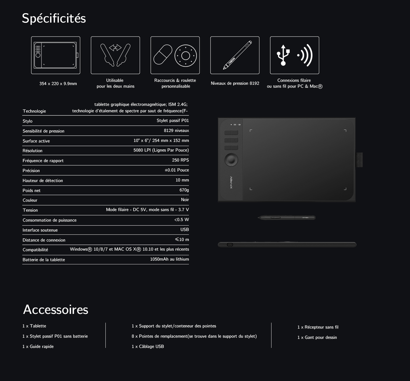 Spécification et Accessories du tablette graphique sans fil XP-Pen Star 06